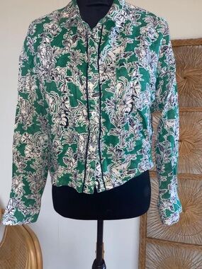 NWOT C&C California 100% Linen Tropical Button Down Blouse - Size L